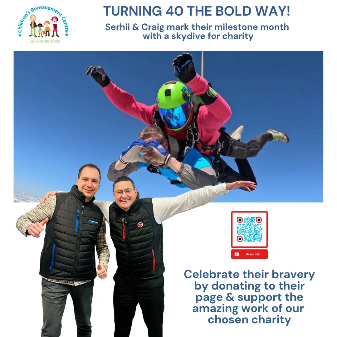 Serhii and Craig preparing for a charity skydive to raise funds for the Children’s Bereavement Centre as they both turn 40 in May.