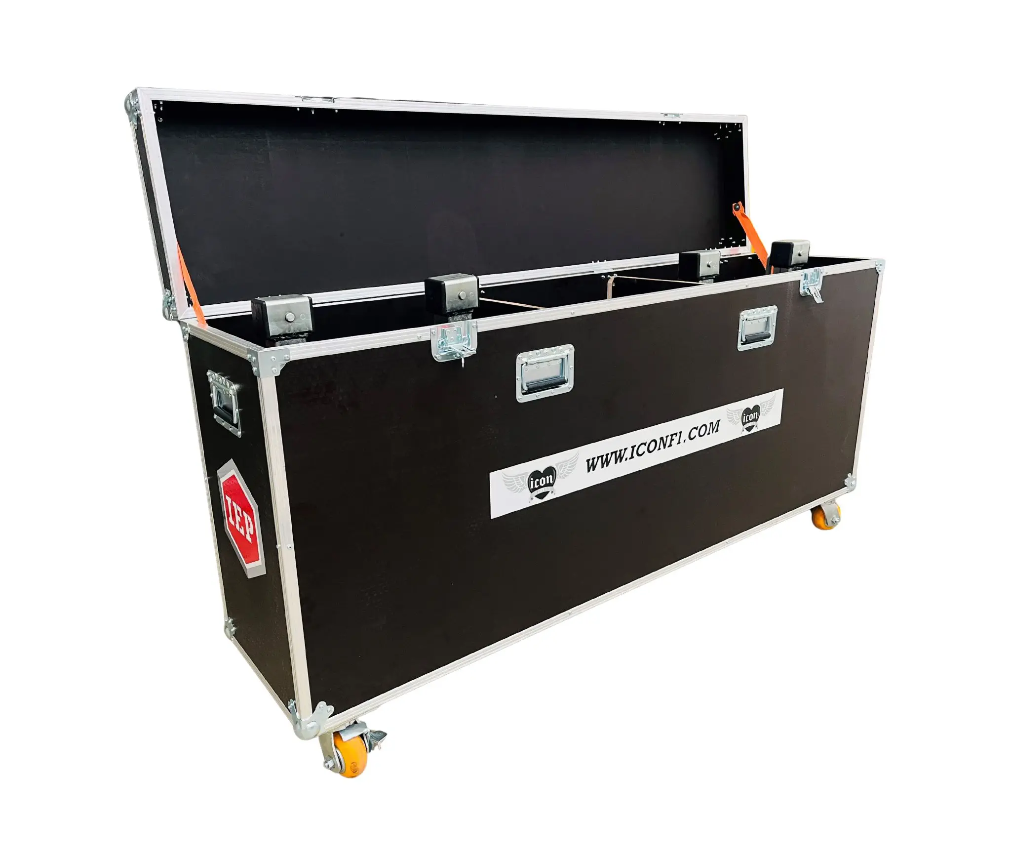 Black bespoke flight case with modular interior designed for secure storage of Formula 1 car accessories.