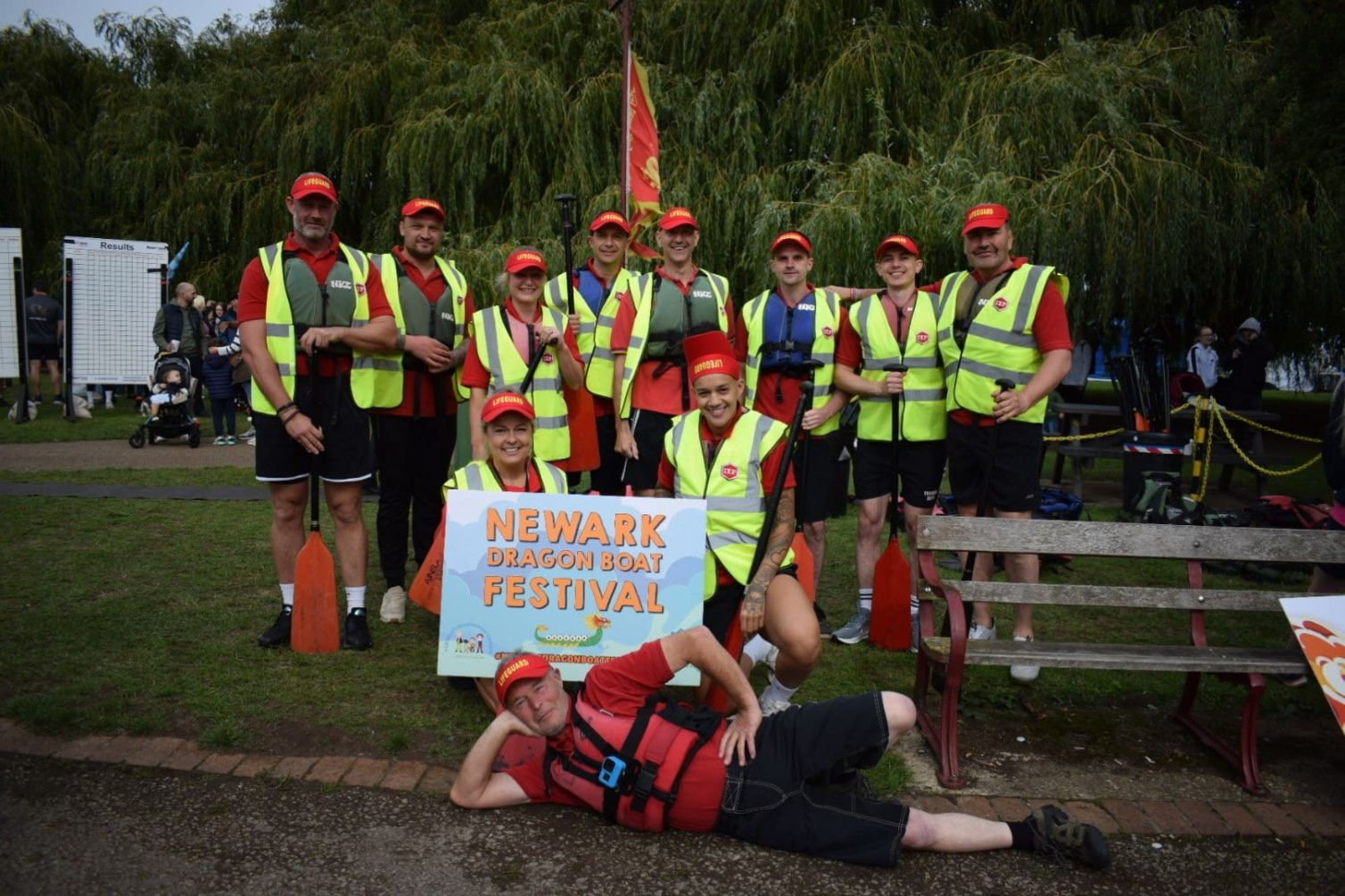 International Export Packers team taking part in the Newark Dragon Boat Festival on the River Trent, celebrating teamwork and community involvement.
