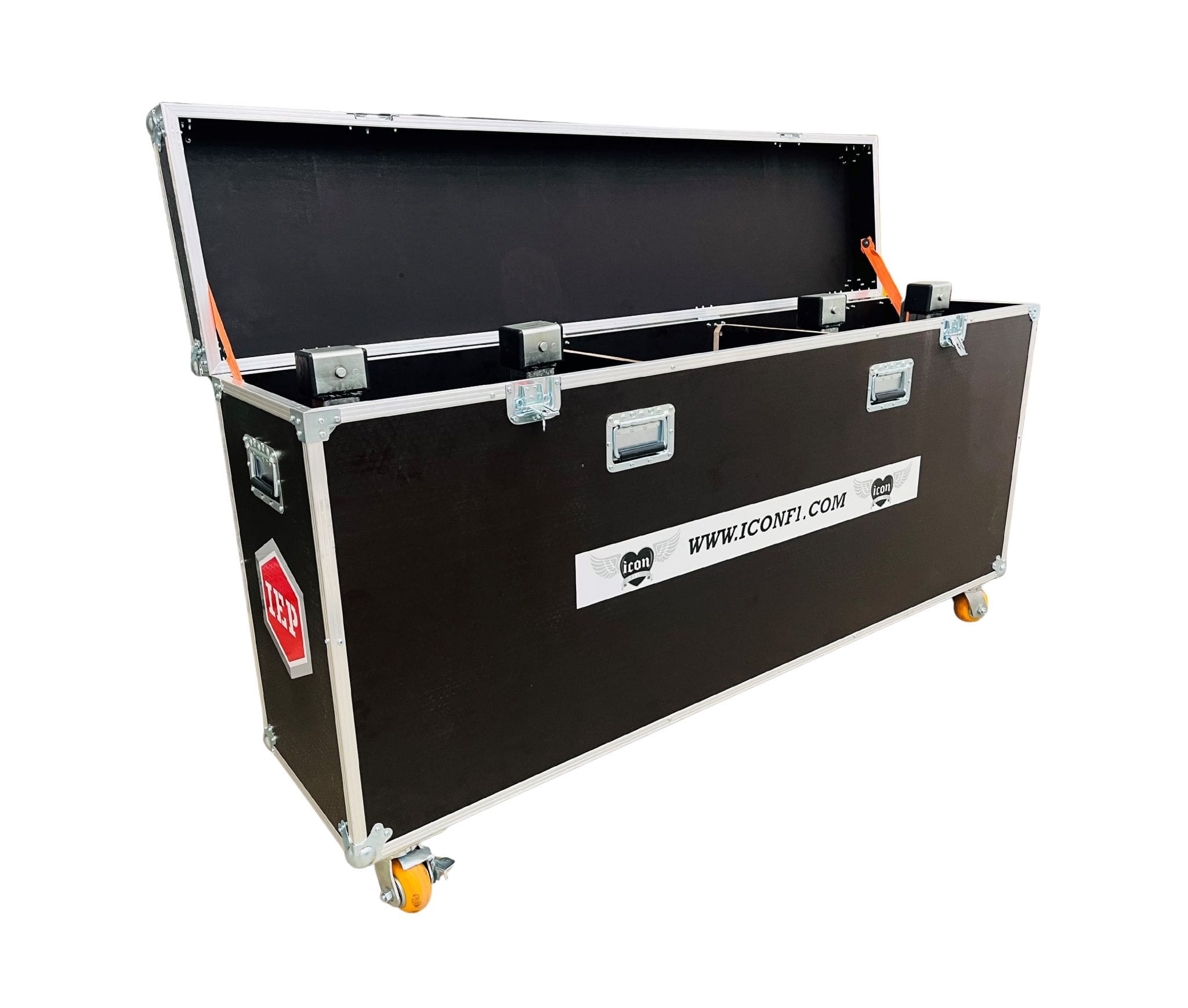 Black bespoke flight case with modular interior designed for secure storage of Formula 1 car accessories.