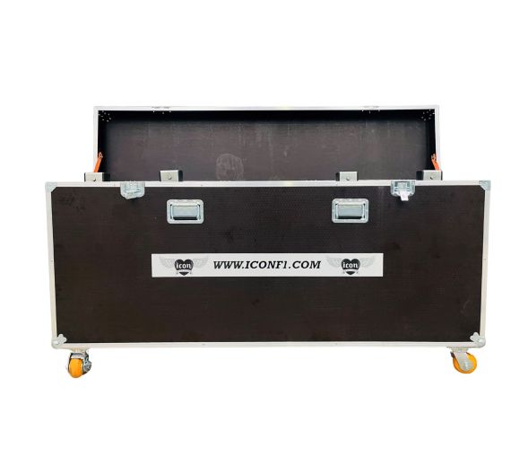 Black bespoke flight case with modular interior designed for secure storage of Formula 1 car accessories.