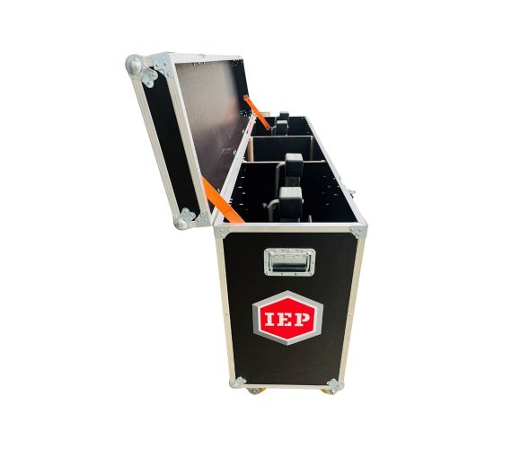 Black bespoke flight case with modular interior designed for secure storage of Formula 1 car accessories.